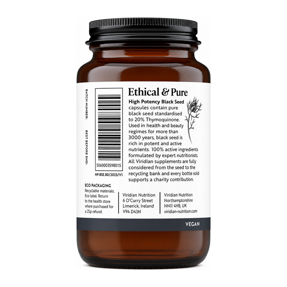 Viridian High Potency Black Seed Extract 20% TQ by Viridian Natural Remedies — back view showing ingredients and product details, studio product photo on white background