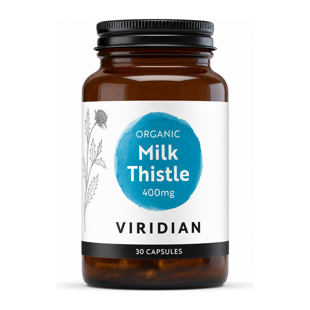 Viridian Organic Milk Thistle 400mg by Viridian Natural Remedies — front view showing product label and branding, studio product photo on white background