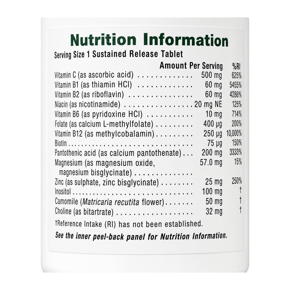 Natures Plus Sustained Release Mega-Stress by NaturesPlus Natural Remedies — nutrition facts side panel, studio product photo on white background