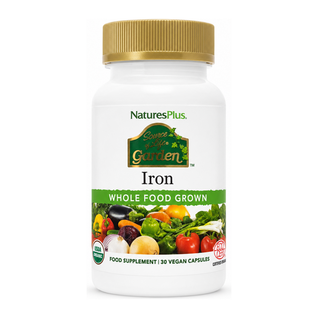 Natures Plus Source Of Life Garden Organic Iron by NaturesPlus — front view showing product label and branding, studio product photo on white background