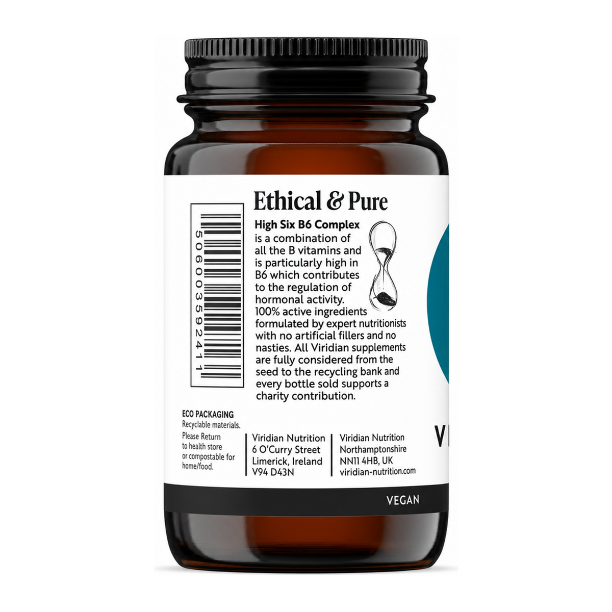 Viridian High Six B6 B-Complex by Viridian Natural Remedies — back view showing ingredients and product details, studio product photo on white background