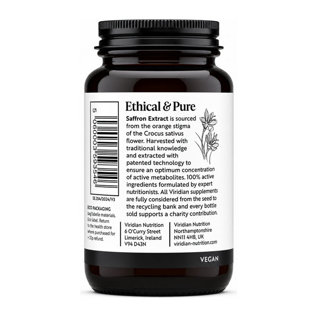 Viridian Saffron Extract by Viridian Natural Remedies — front view showing product label and branding, studio product photo on white background