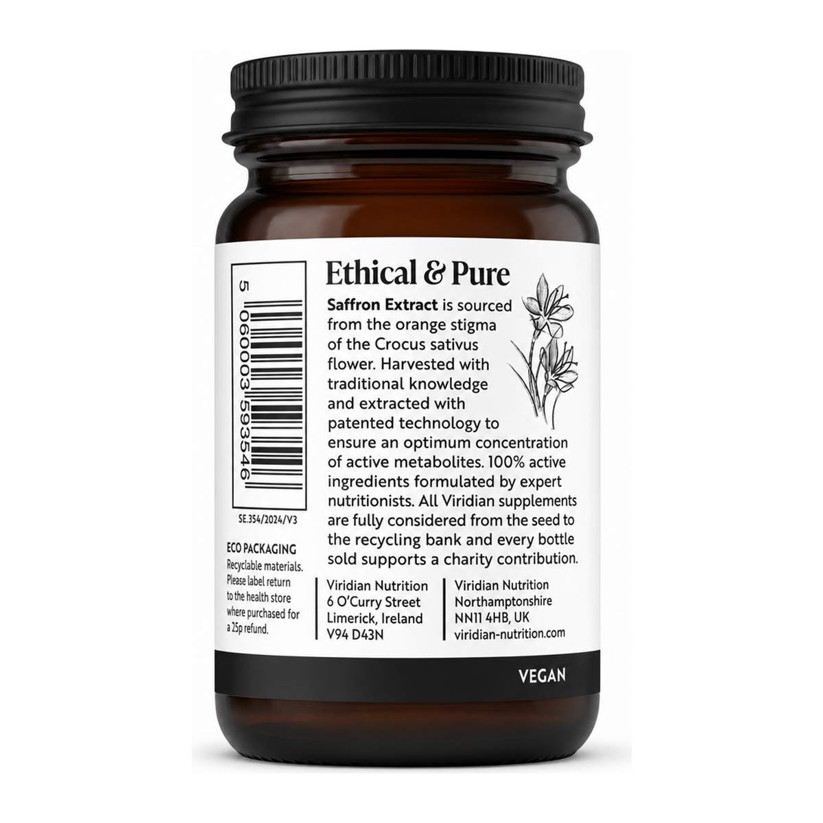 Viridian Saffron Extract by Viridian Natural Remedies — back view showing ingredients and product details, studio product photo on white background