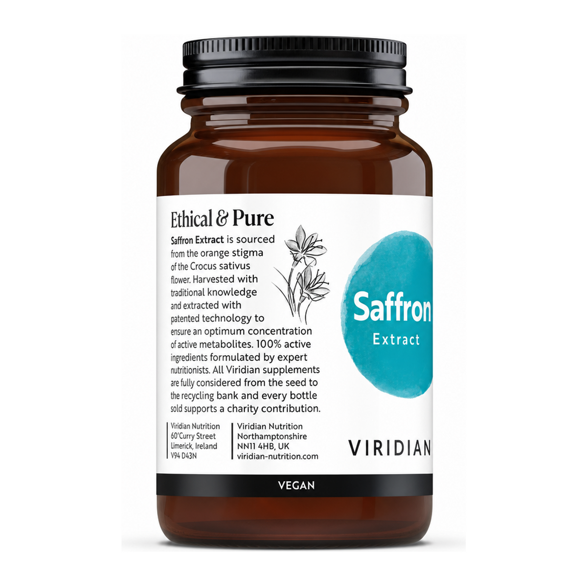 Viridian Saffron Extract by Viridian Natural Remedies — front view showing product label and branding, studio product photo on white background
