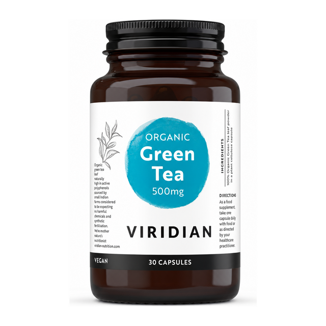 Viridian Organic Green Tea Leaf 500mg by Viridian Natural Remedies — front view showing product label and branding, studio product photo on white background