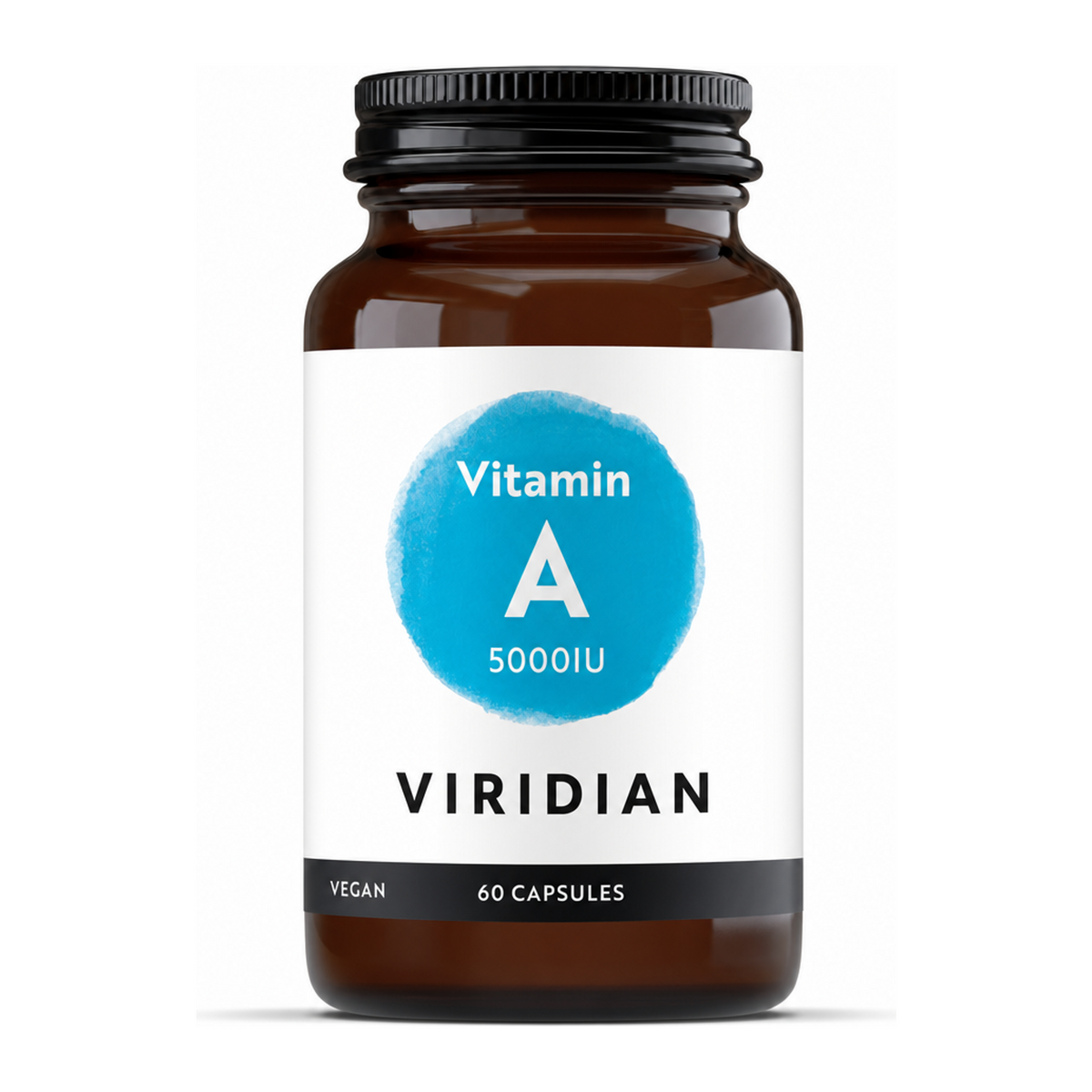 Viridian Nutrition Vitamin A 5000IU - 60 Veg Caps by Viridian Natural Remedies — front view showing product label and branding, studio product photo on white background