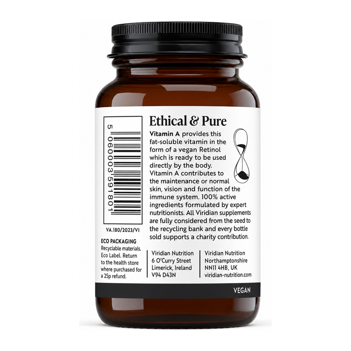 Viridian Nutrition Vitamin A 5000IU - 60 Veg Caps by Viridian Natural Remedies — back view showing ingredients and product details, studio product photo on white background
