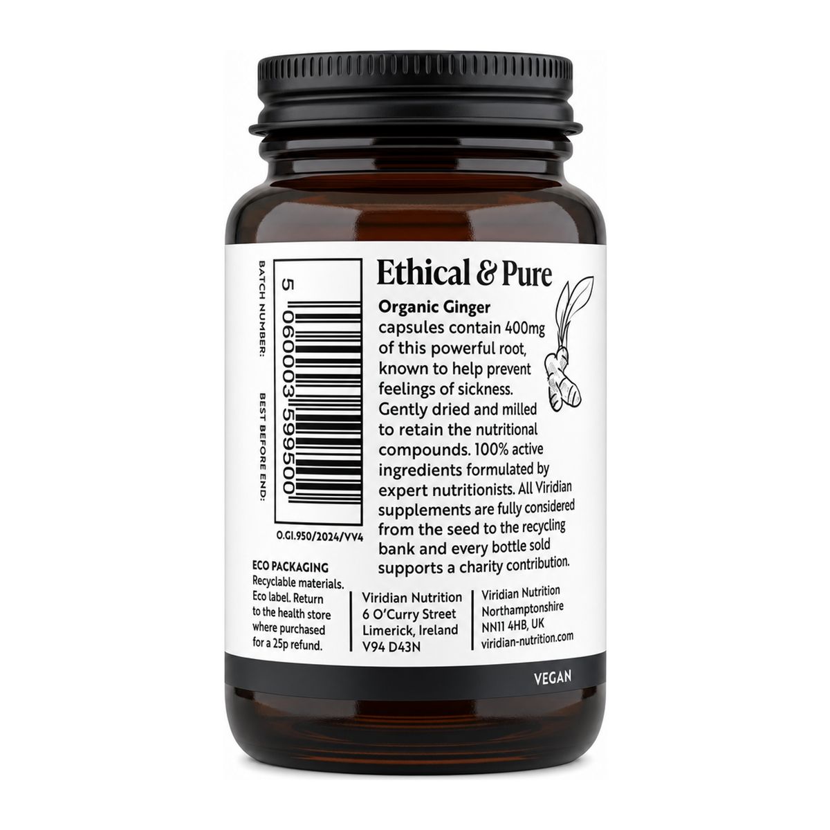 Viridian Organic Ginger Root 400mg by Viridian Natural Remedies — back view showing ingredients and product details, studio product photo on white background