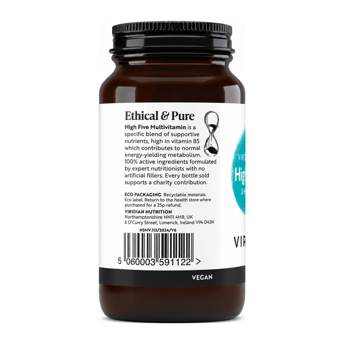 Viridian HIGH FIVE Multivit & Mineral Formula by Viridian Natural Remedies — back view showing ingredients and product details, studio product photo on white background
