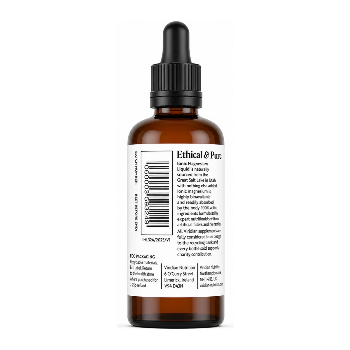 Viridian Nutrition Ionic Magnesium by Viridian Vitamin & Mineral Supplements — back view showing ingredients and product details, studio product photo on white background