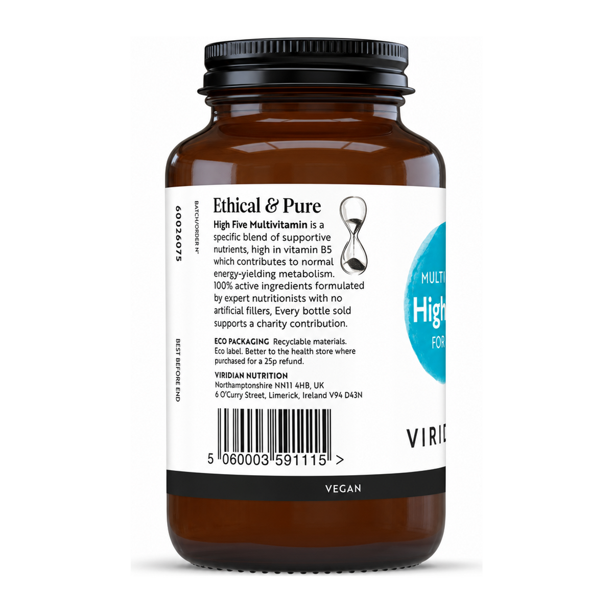 Viridian HIGH FIVE Multivit & Mineral Formula by Viridian Natural Remedies — back view showing ingredients and product details, studio product photo on white background