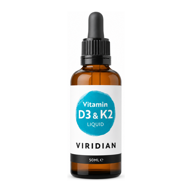 Viridian Nutrition Vitamin D3+K2 Liquid by Viridian Natural Remedies — front view showing product label and branding, studio product photo on white background