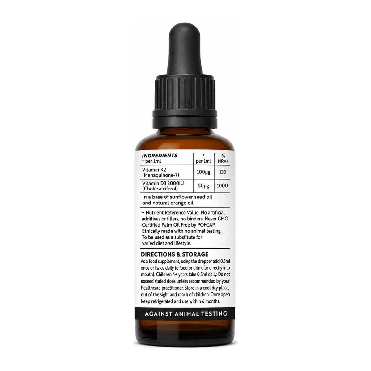 Viridian Nutrition Vitamin D3+K2 Liquid by Viridian Natural Remedies — nutrition facts side panel, studio product photo on white background