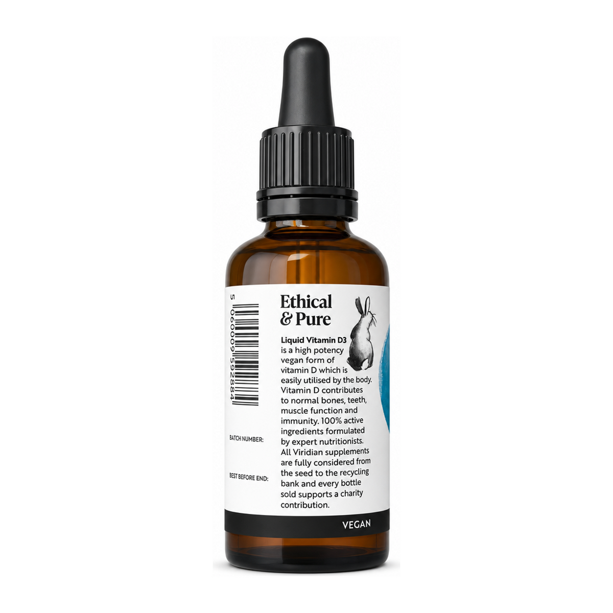 Viridian Liquid Vitamin D3 2000iu Drops by Viridian Natural Remedies — back view showing ingredients and product details, studio product photo on white background