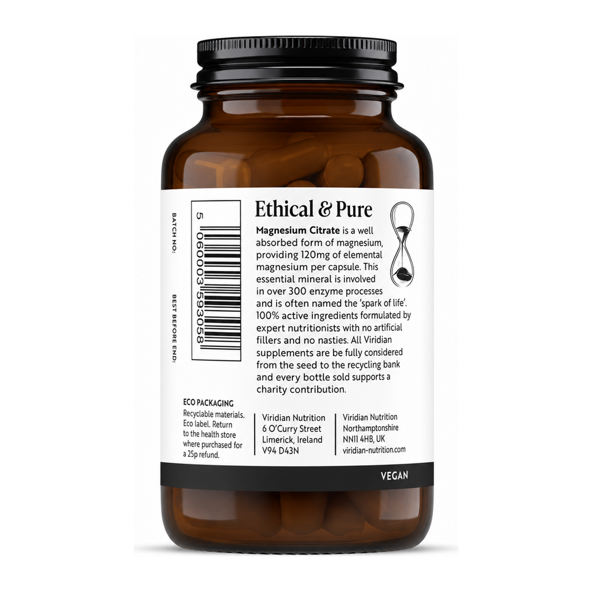 Viridian Magnesium Citrate by Viridian Natural Remedies — back view showing ingredients and product details, studio product photo on white background