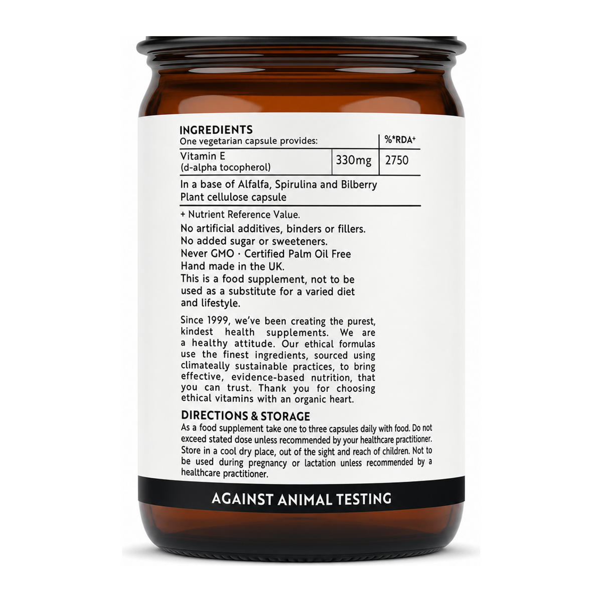 Viridian Vitamin E 400IU by Viridian Natural Remedies — ingredients side panel, studio product photo on white background
