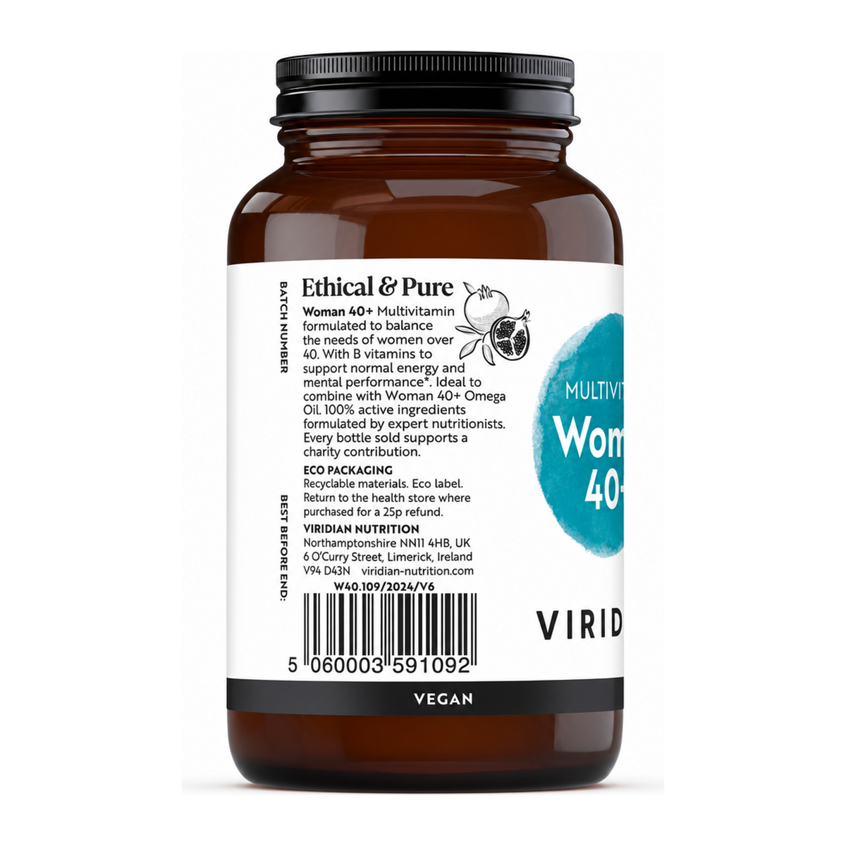 Viridian Woman 40+ Multivitamin by Viridian Natural Remedies — back view showing ingredients and product details, studio product photo on white background
