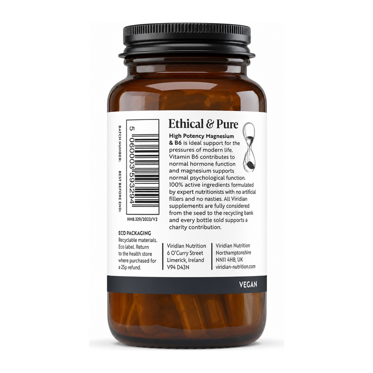 Viridian Hi-Potency Magnesium (300mg) w/ B6 (25mg) by Viridian Natural Remedies — back view showing ingredients and product details, studio product photo on white background