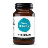 Viridian Nutrition Vitamin D3+K2 90 caps by Viridian Natural Remedies — front view showing product label and branding, studio product photo on white background