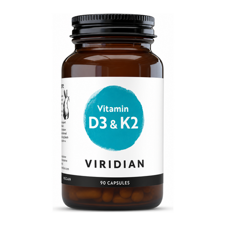 Viridian Nutrition Vitamin D3+K2 90 caps by Viridian Natural Remedies — front view showing product label and branding, studio product photo on white background