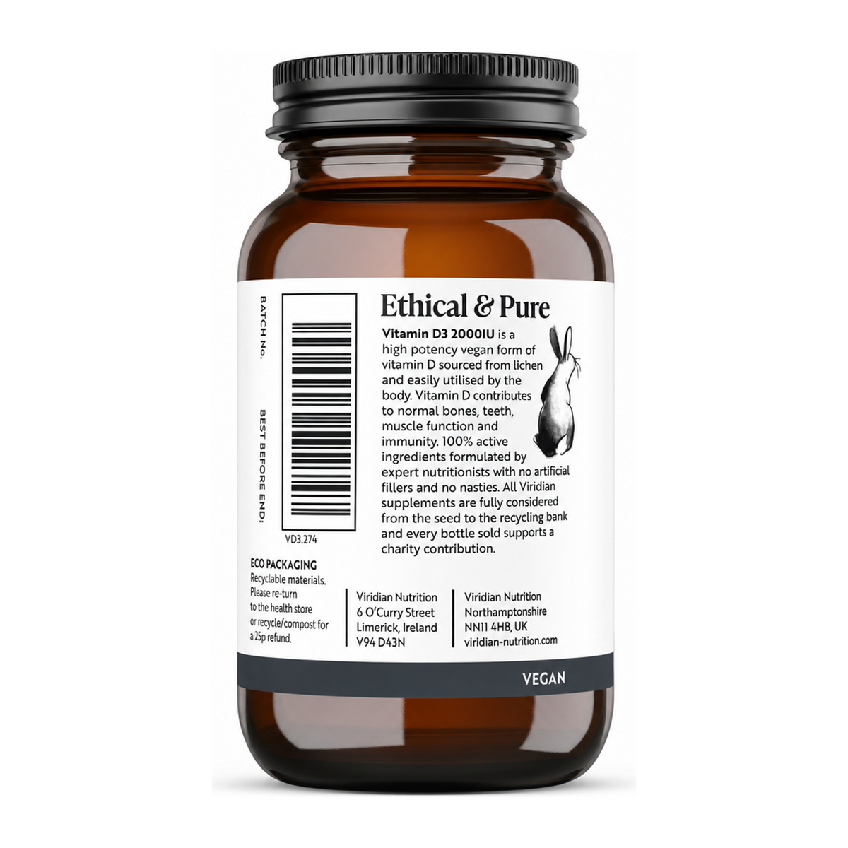 Viridian Vitamin D3 2000iu by Viridian Natural Remedies — back view showing ingredients and product details, studio product photo on white background