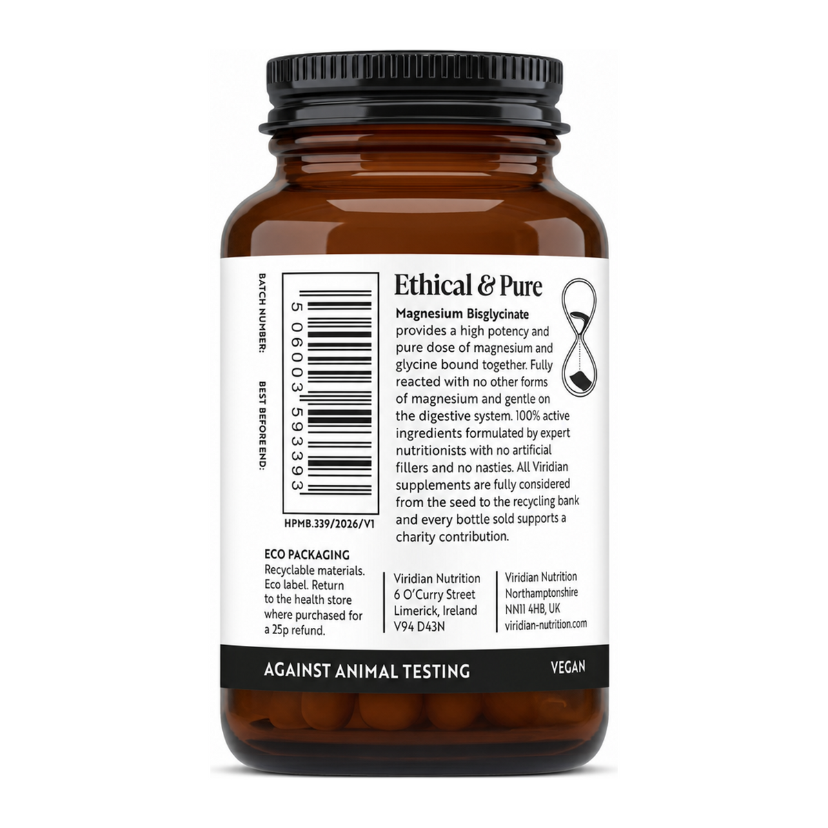 Viridian Magnesium Bisglycinate 60s by Viridian Natural Remedies — back view showing ingredients and product details, studio product photo on white background
