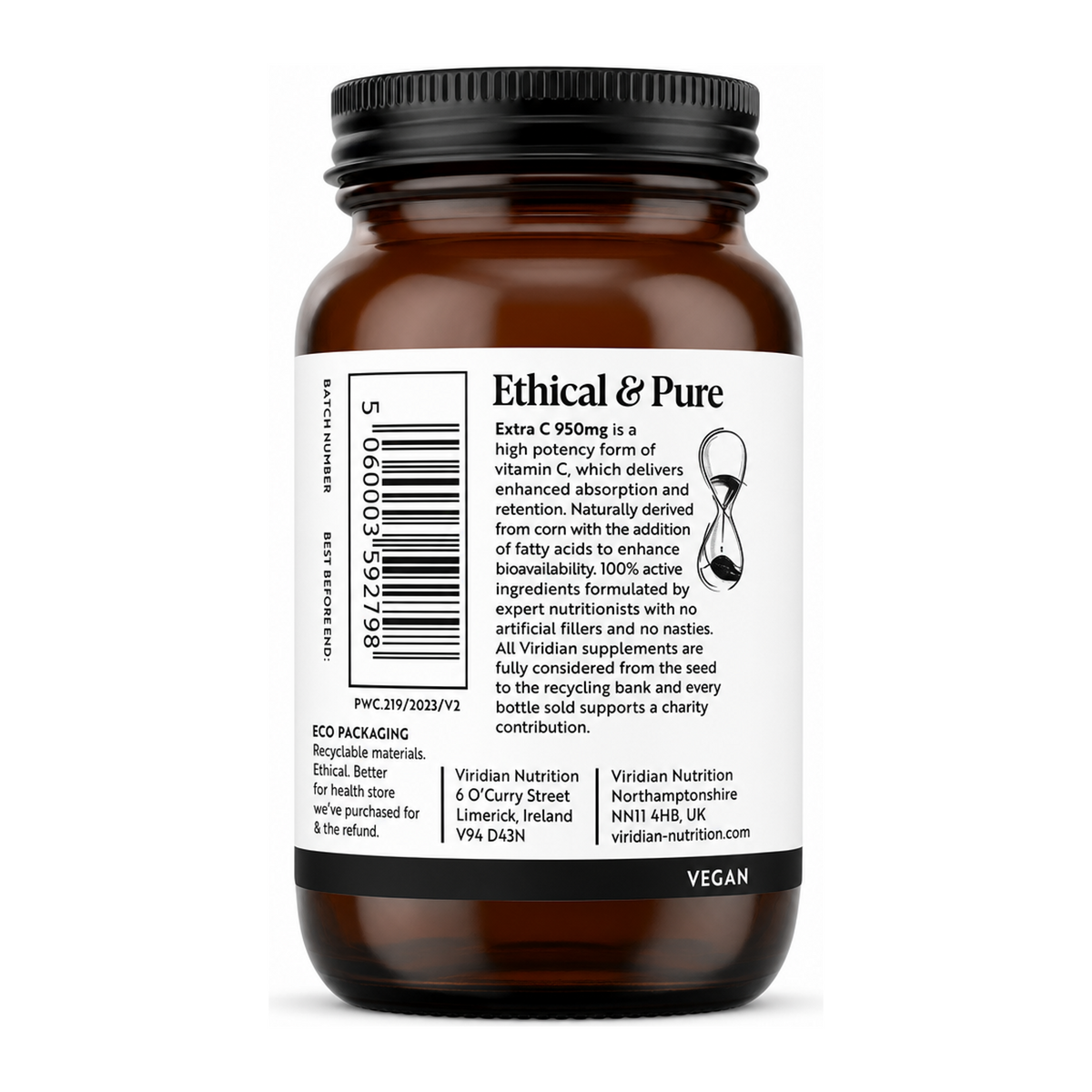 Viridian Extra C 950mg by Viridian Natural Remedies — back view showing ingredients and product details, studio product photo on white background
