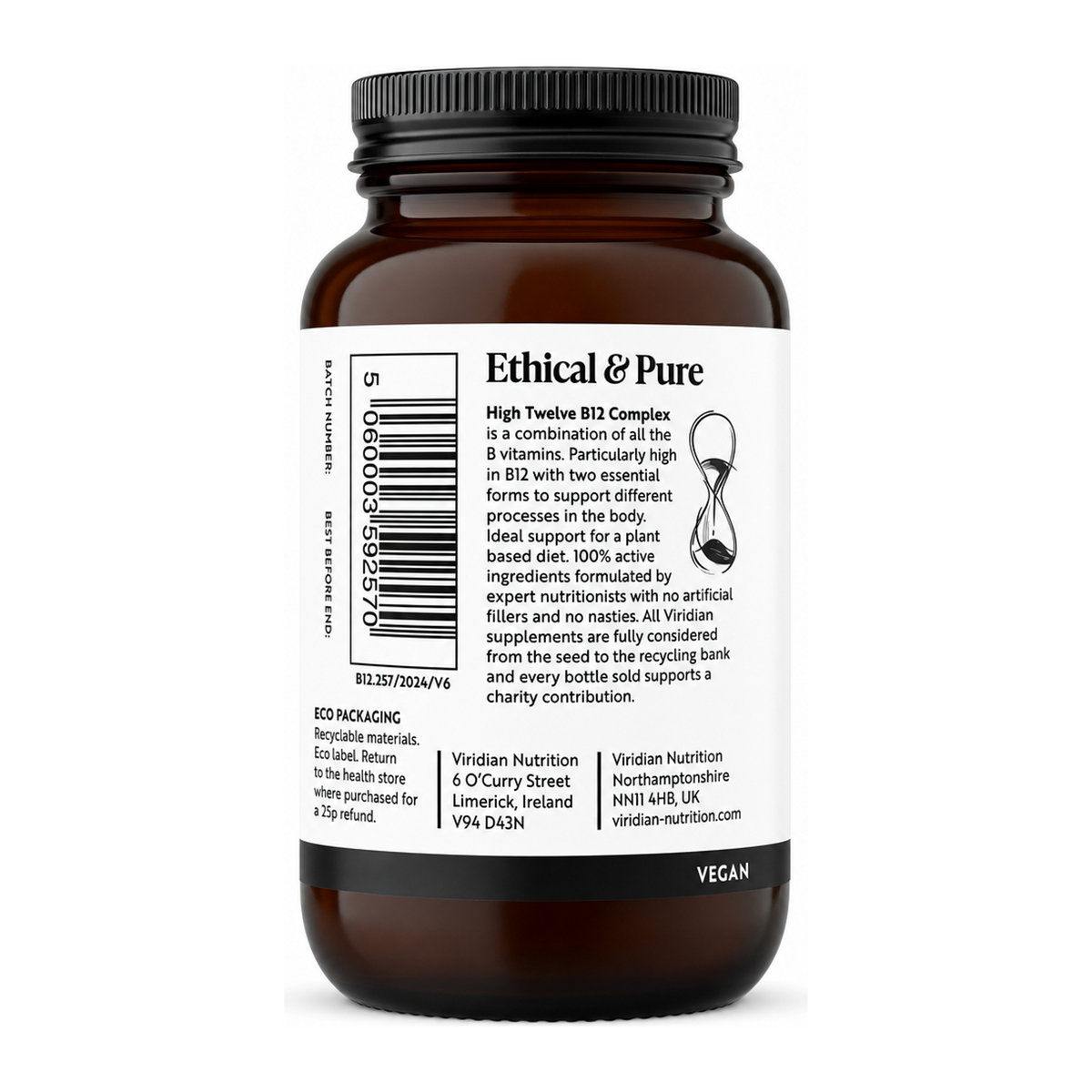 Viridian Nutrition HIGH TWELVE Vitamin B12 B complex by Viridian Natural Remedies — back view showing ingredients and product details, studio product photo on white background