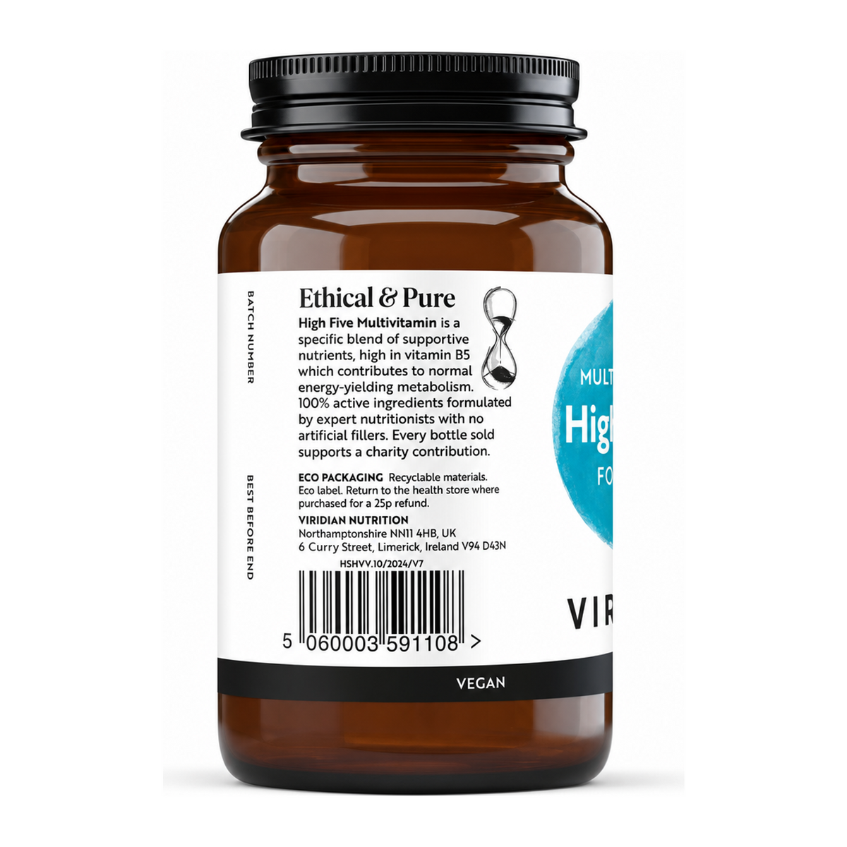 Viridian HIGH FIVE Multivit & Mineral Formula by Viridian Natural Remedies — back view showing ingredients and product details, studio product photo on white background