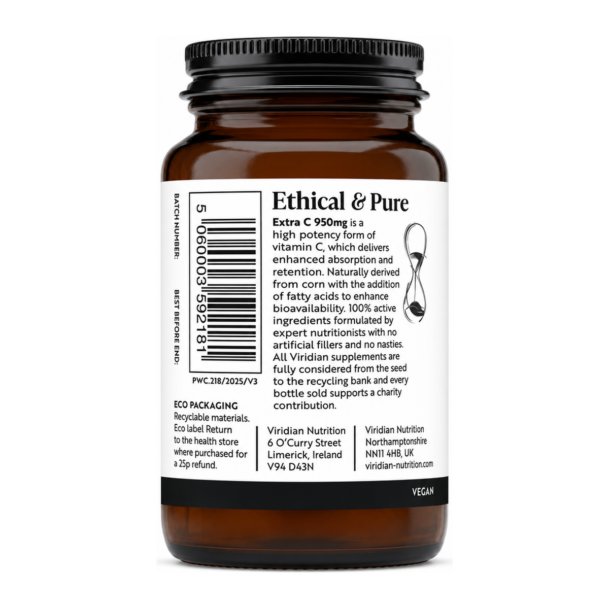 Viridian Extra C 950mg by Viridian Natural Remedies — back view showing ingredients and product details, studio product photo on white background
