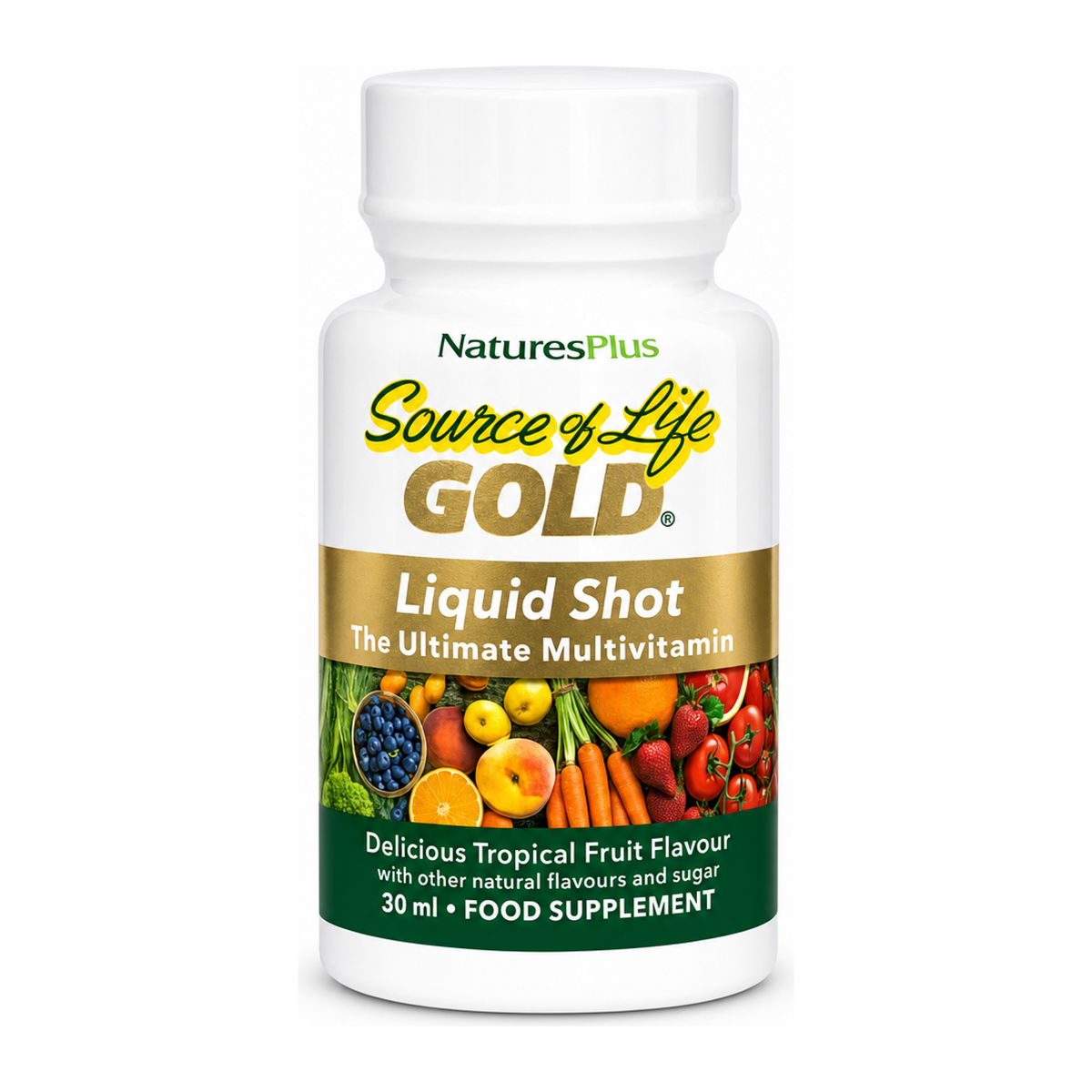 Natures Plus SOL Gold Multi Vitamin Liquid 30ml by NaturesPlus Vitamin & Mineral Supplements — front view showing product label and branding, studio product photo on white background