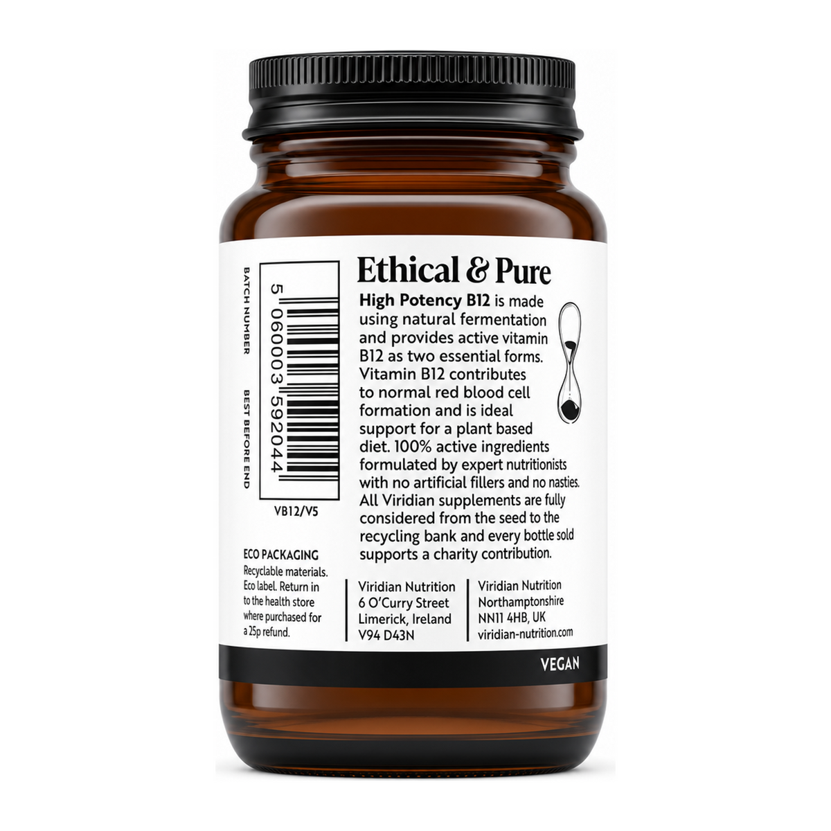 Viridian High Potency Vitamin B12 by Viridian Natural Remedies — back view showing ingredients and product details, studio product photo on white background