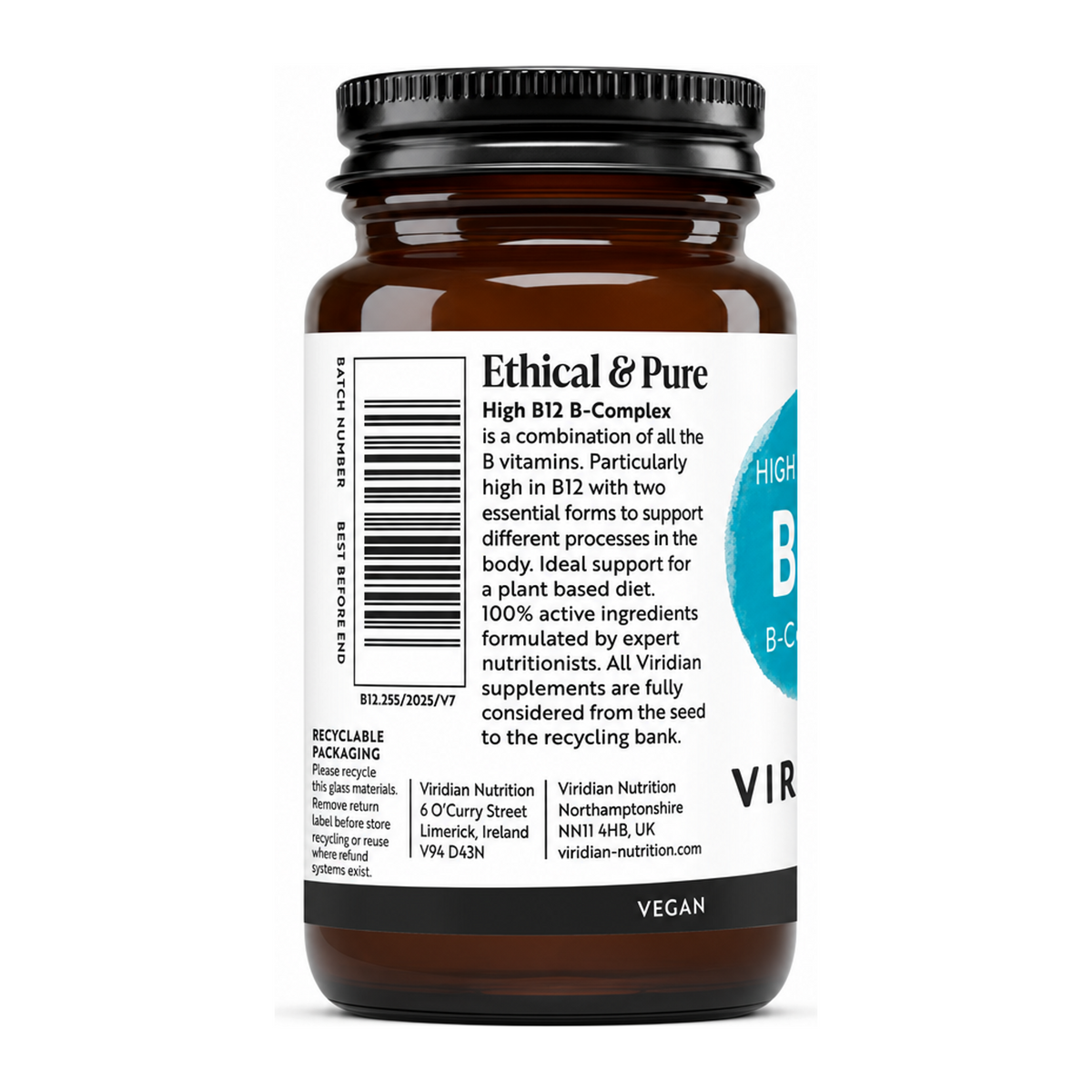 Viridian Nutrition HIGH TWELVE Vitamin B12 B complex by Viridian Natural Remedies — back view showing ingredients and product details, studio product photo on white background