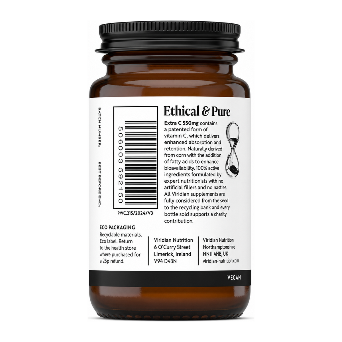 Viridian Extra C 550mg by Viridian Natural Remedies — back view showing ingredients and product details, studio product photo on white background