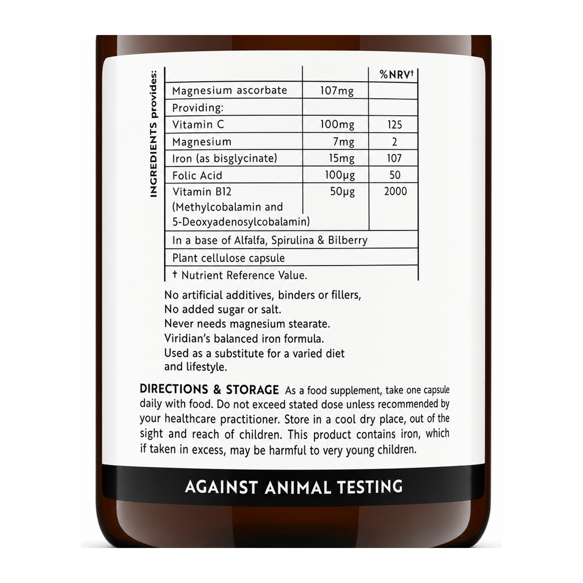 Viridian Balanced Iron (15mg) Complex by Viridian — nutrition facts side panel, studio product photo on white background