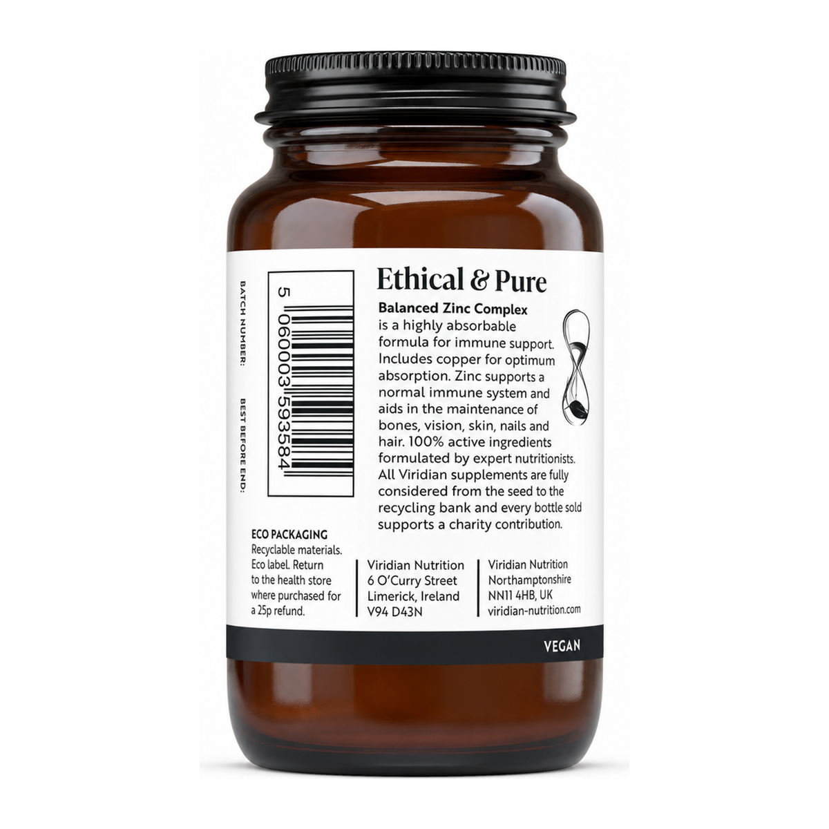 Viridian Balanced Zinc (15mg) Complex by Viridian Natural Remedies — back view showing ingredients and product details, studio product photo on white background