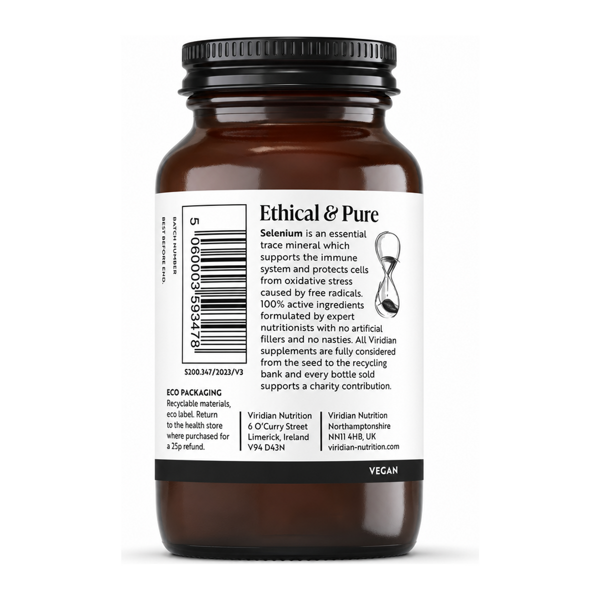 Viridian Nutrition Selenium 200ug by Viridian Vitamin & Mineral Supplements — back view showing ingredients and product details, studio product photo on white background