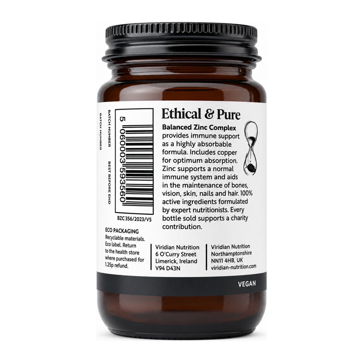 Viridian Balanced Zinc (15mg) Complex by Viridian Natural Remedies — back view showing ingredients and product details, studio product photo on white background