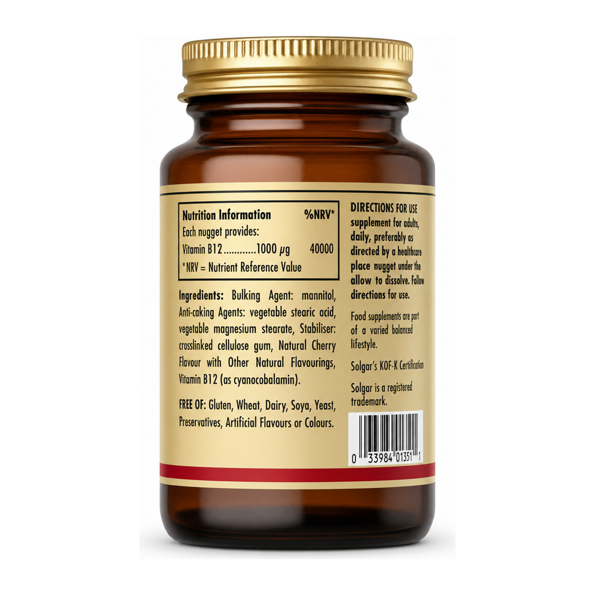 Solgar Vitamin B12 1000 mcg Nuggets by Solgar Natural Remedies — back view showing ingredients and product details, studio product photo on white background