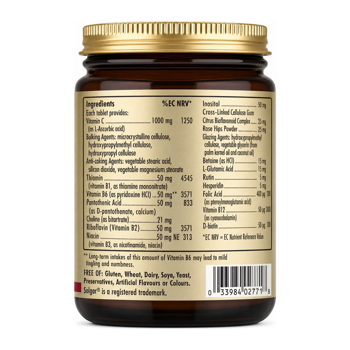 Solgar Ultimate B+C Complex by Solgar Natural Remedies — ingredients side panel, studio product photo on white background