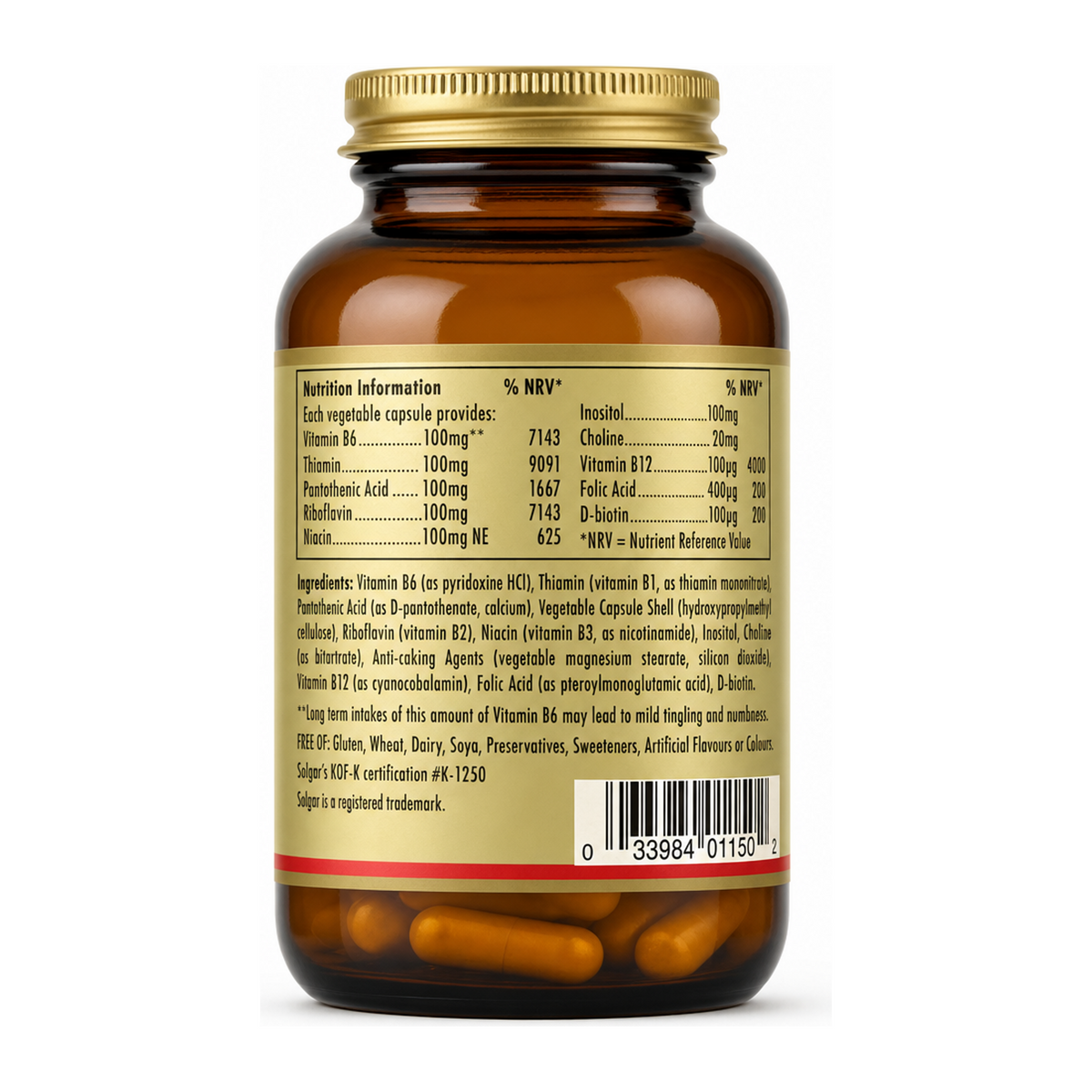 Solgar Formula Vitamin B-Complex 100 by Solgar Natural Remedies — back view showing ingredients and product details, studio product photo on white background
