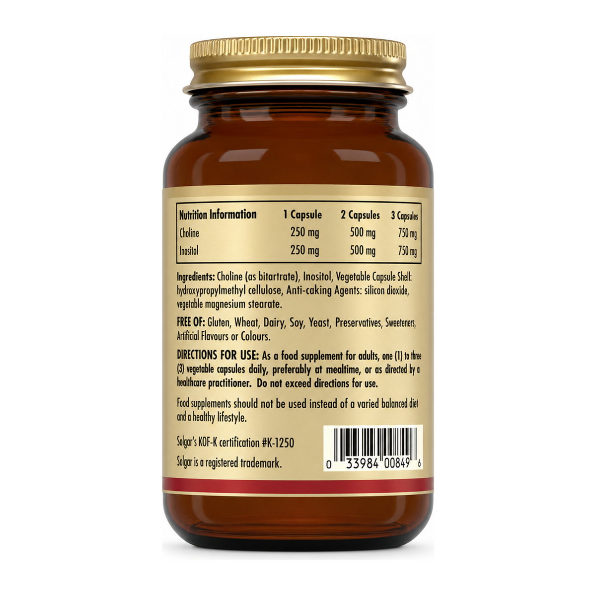 Solgar Choline/Inositol 250/250 mg by Solgar Natural Remedies — back view showing ingredients and product details, studio product photo on white background