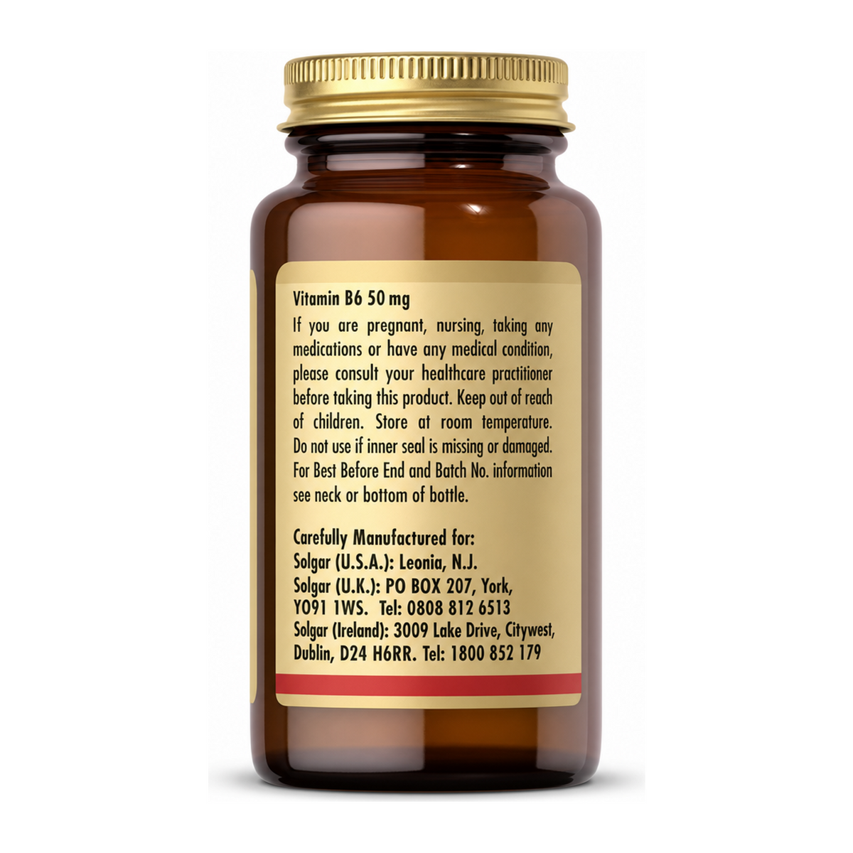 Solgar Vitamin B6 50 mg by Solgar Natural Remedies — back view showing ingredients and product details, studio product photo on white background