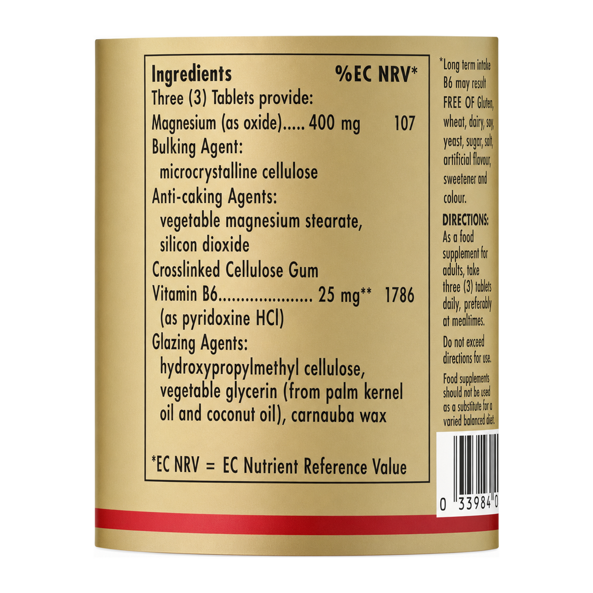 Solgar Magnesium with Vitamin B6 by Solgar Natural Remedies — nutrition facts side panel, studio product photo on white background