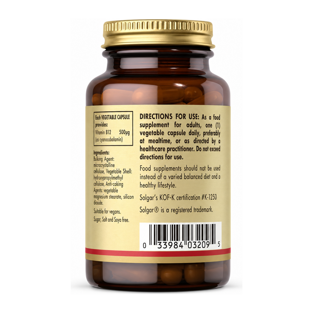 Solgar Vitamin B12 500 µg by Solgar Natural Remedies — back view showing ingredients and product details, studio product photo on white background