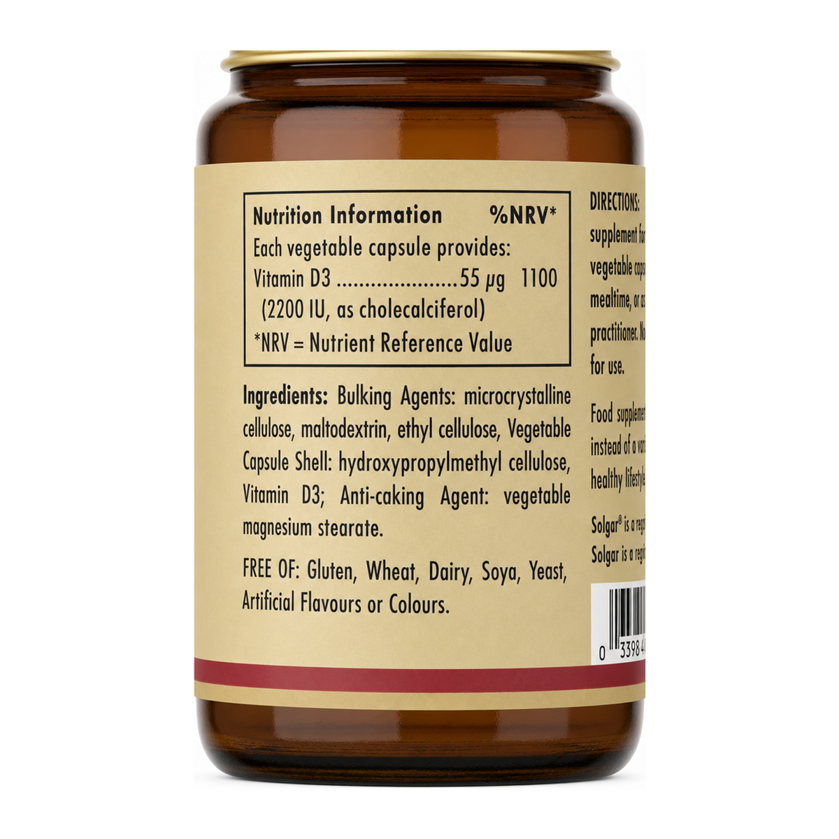 Solgar Vitamin D3 (Cholecalciferol) 2200 IU by Solgar Natural Remedies — ingredients side panel, studio product photo on white background