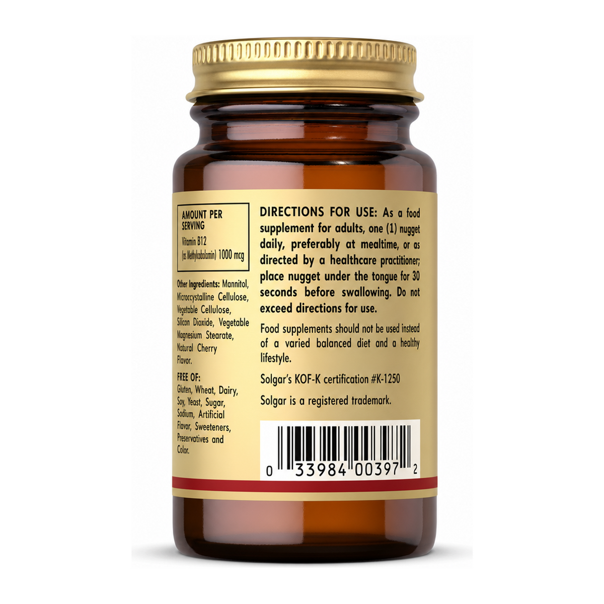 Solgar Methylcobalamin (Vitamin B12) by Solgar Natural Remedies — back view showing ingredients and product details, studio product photo on white background
