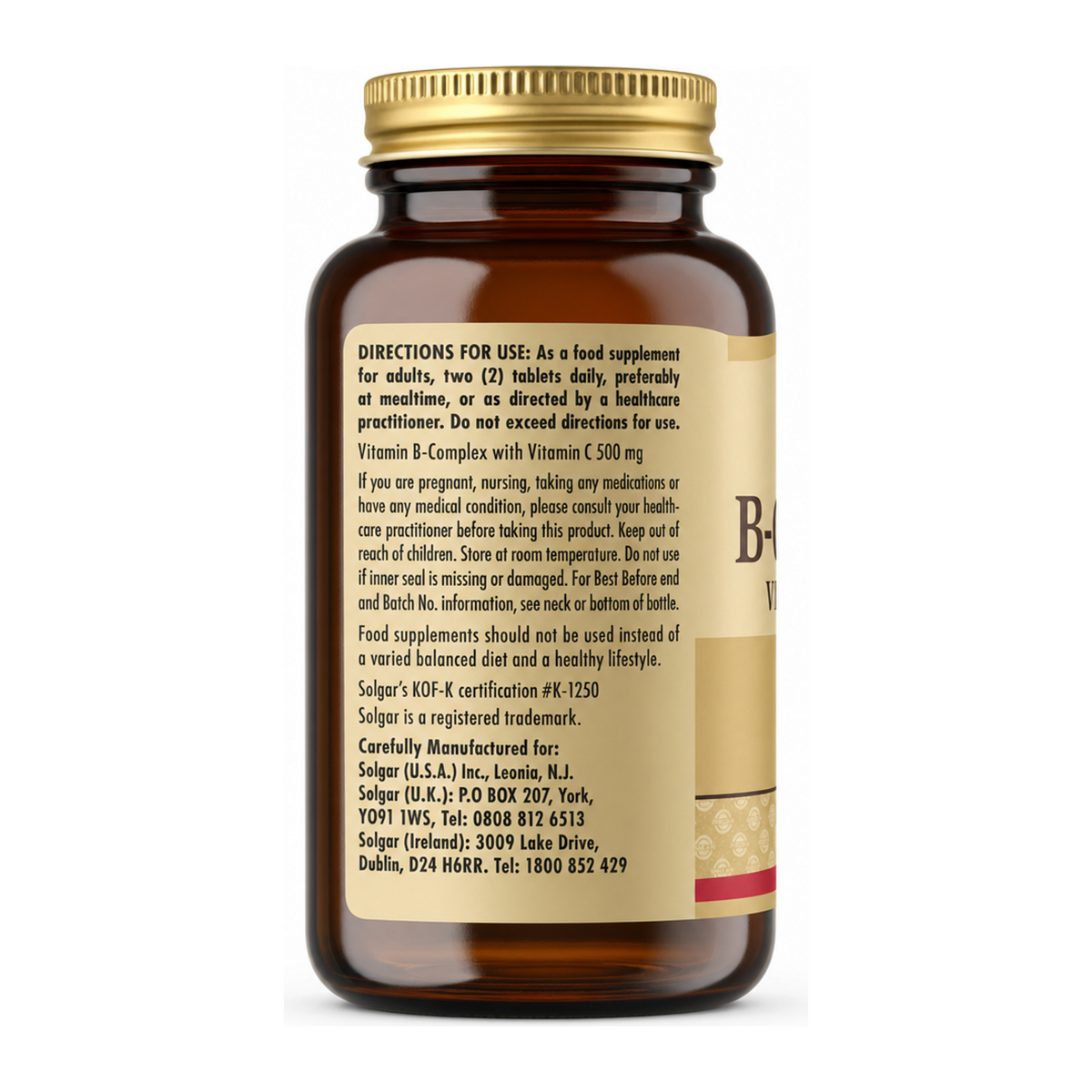 Solgar Vitamin B-Complex with Vitamin by Solgar Natural Remedies — back view showing ingredients and product details, studio product photo on white background