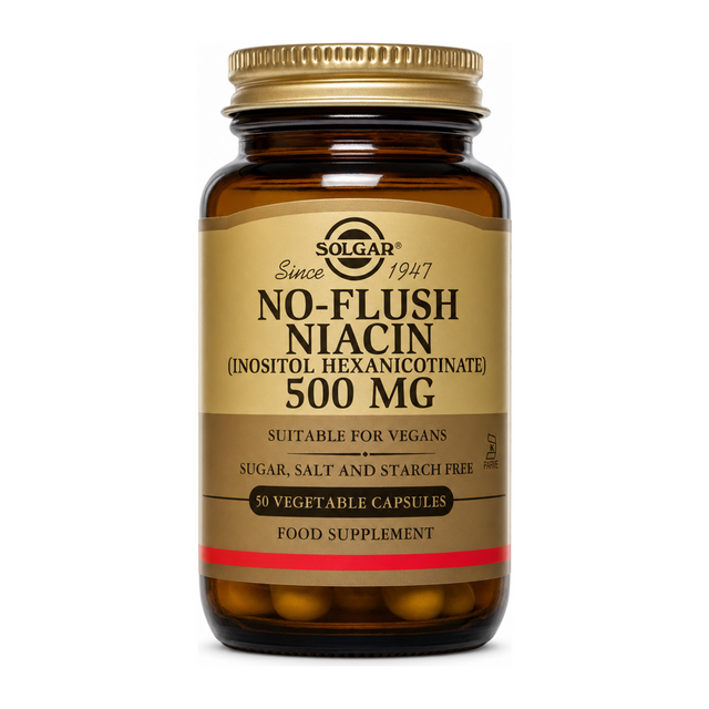 Solgar No-Flush Niacin (Inositol Hexanicotinate) 500 mg by Solgar Natural Remedies — front view showing product label and branding, studio product photo on white background