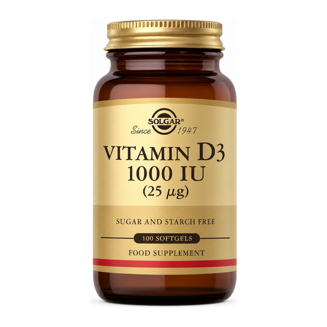 Solgar Vitamin D3 1000 IU (25 mcg) by Solgar Natural Remedies — front view showing product label and branding, studio product photo on white background